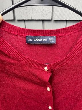 Zara Garnet Red Crewneck Cardigan with Pearl Buttons